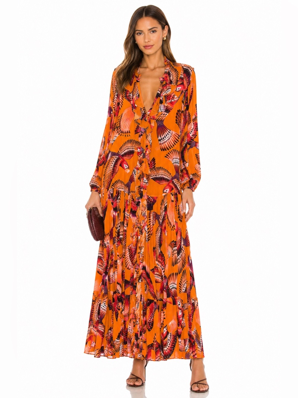FARM Rio Orange Maxi Dress with Pink and Purple Parrot Bird Print Size S